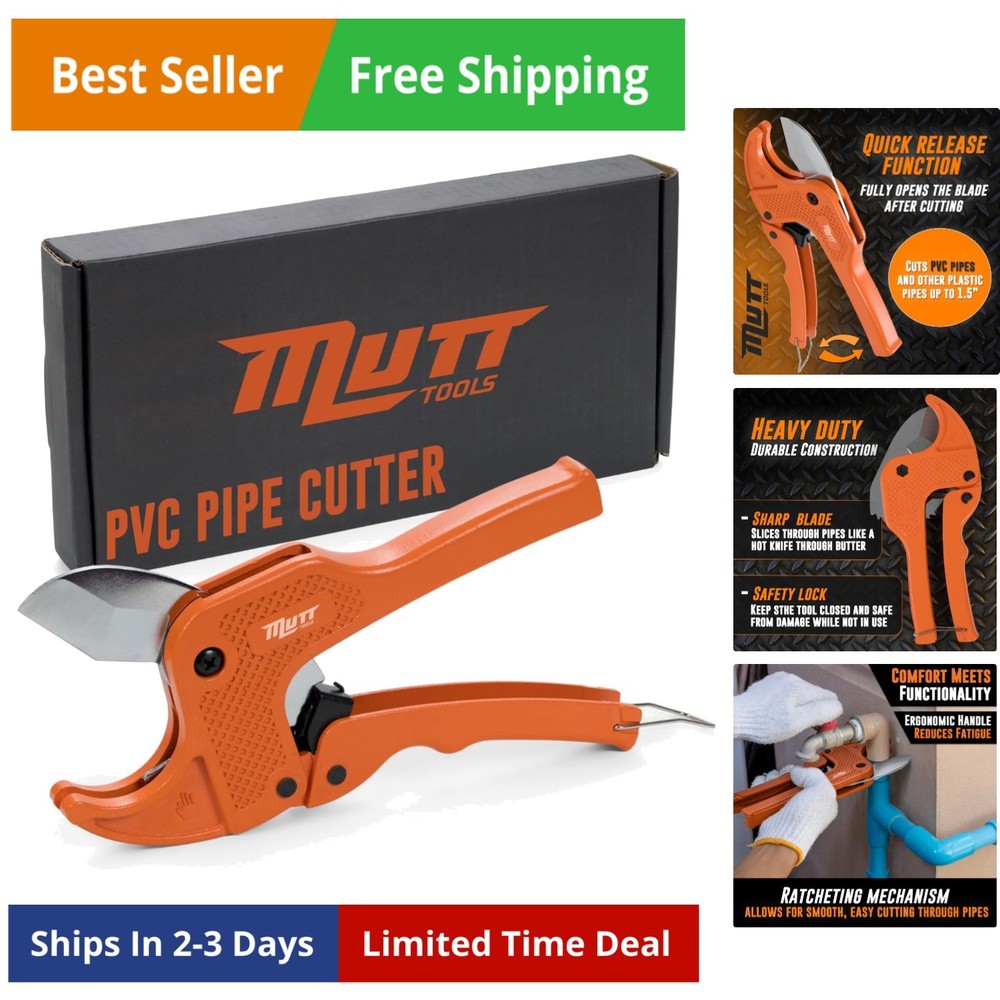 Mutt Tools Professional 1.5” PVC Pipe Cutter Tool - Heavy-Duty Ratcheting Pla...