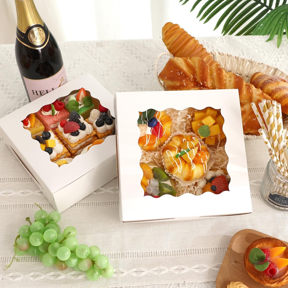 30pcs Bakery Boxes, 8x8x2.5 Cookie Boxes with Window, White Treat Containers