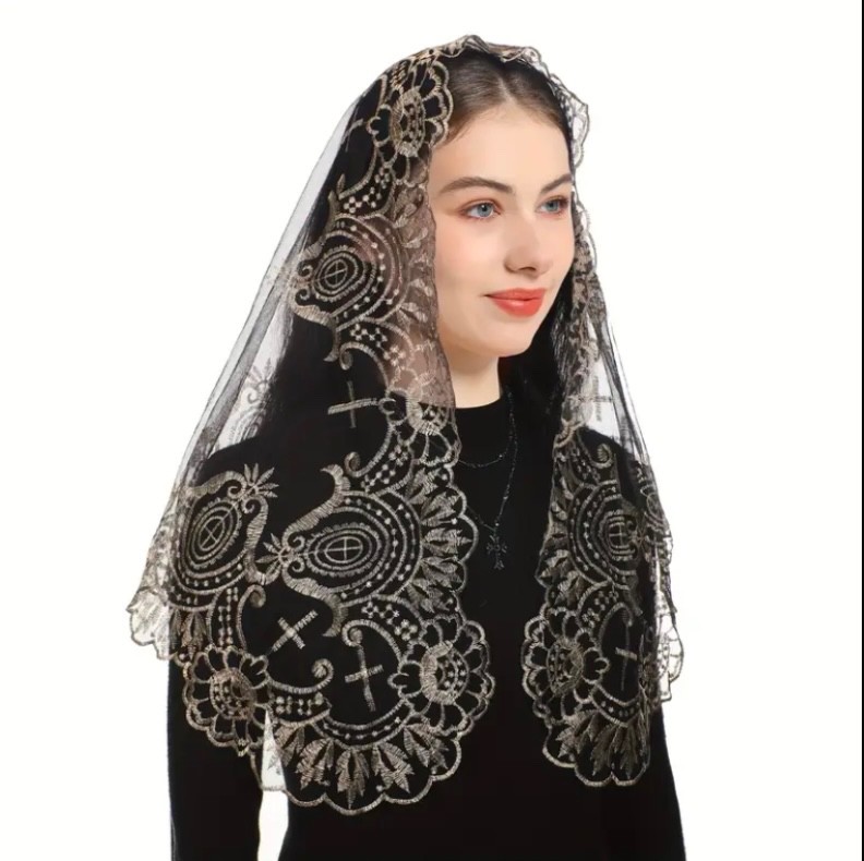 Sacred Heart Jesus Embroidered Veil Mantilla Catholic Church Veil Head Cover