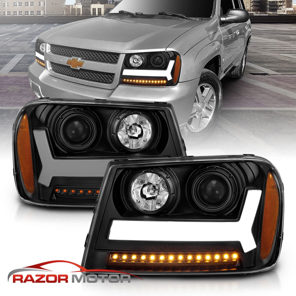 For 2006-2009 Trailblazer Black Headlights LED bar Headlight pair