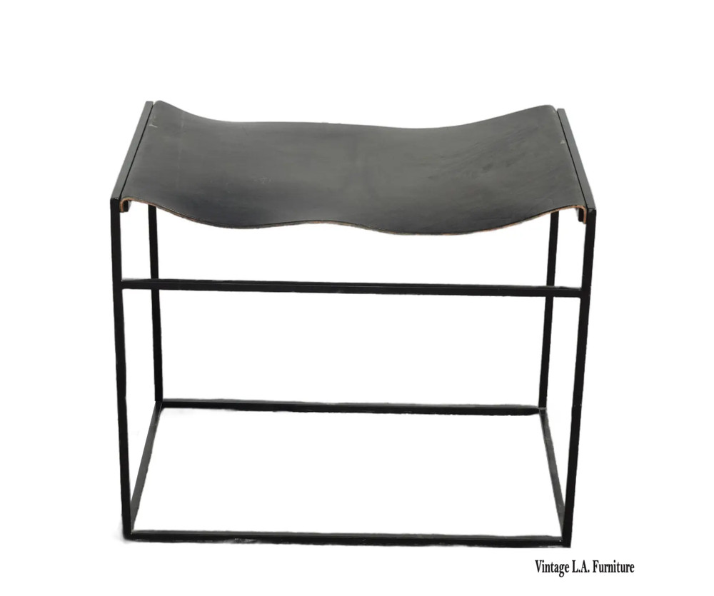 Black Bench with Leather Seat Stool w Metal Frame #2