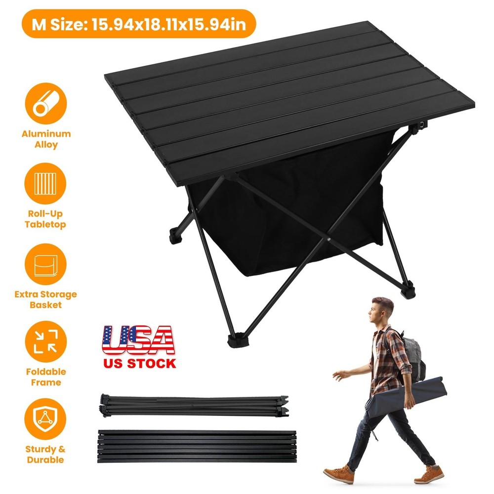 Foldable Camping Table Rustproof Portable Aluminum Alloy Roll-Up Table w/ Basket