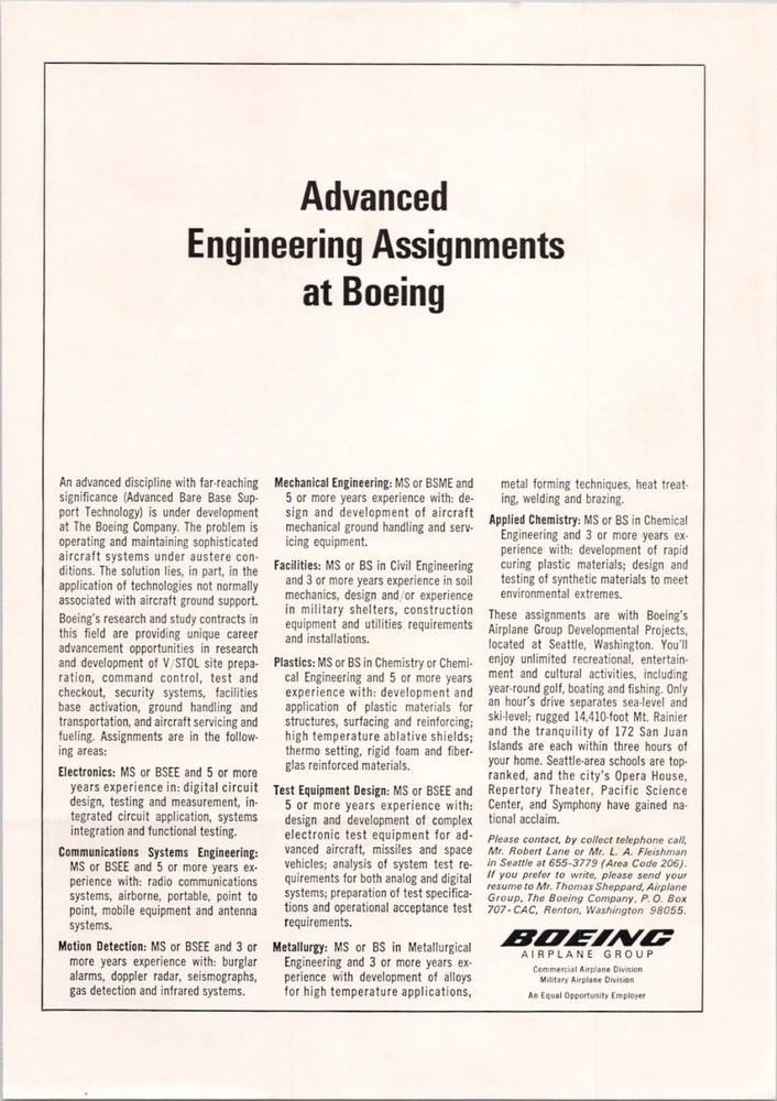 Boeing Advanced Engineering Assignments Print Ad 1966 Vintage