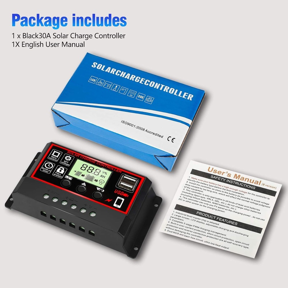 Intelligent 30A Solar Charge Controller with Dual Ports & LCD - Safe & Efficient