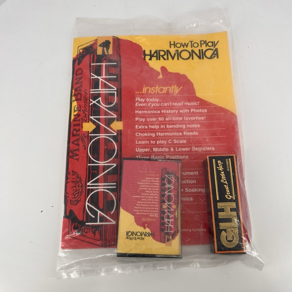 Vtg How To play The Harmonica Kit, Book ,GLH Harmonica, Cassette Open