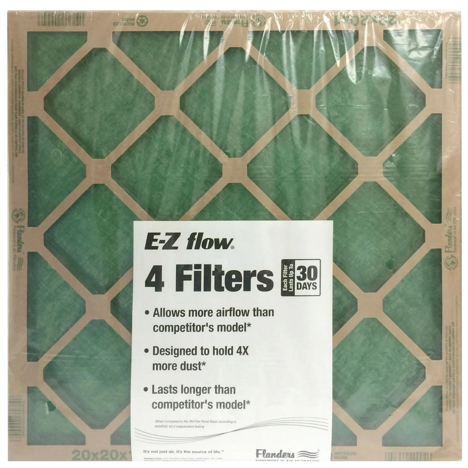 (4 Pack) Flanders Air Filters, 20" X 20" X 1" Precisionaire Nested Glass, Green