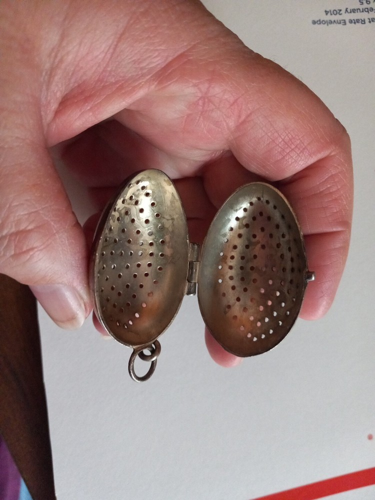 Antique Signed Silver Tea Strainer stamped AEC. Old egg shaped quality