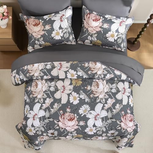 Comforter Set 7 Pieces Bedding Sets,Floral Comforter and Sheet Queen Gray