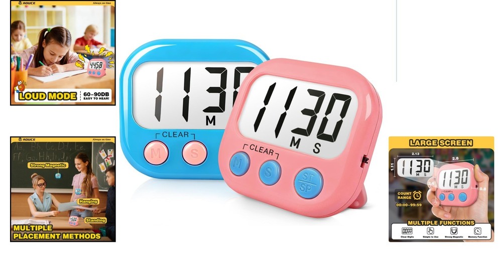 Versatile Classroom Digital Timers - 2 Pack with Memory Feature in Blue & Pink