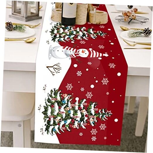 Christmas Table Runner, Snowflake Snowman Rustic Red Table Runners for