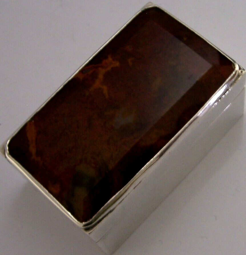 STUNNING HEAVY SOLID STERLING SILVER AGATE TABLE SNUFF BOX 1991 ENGLISH 82g