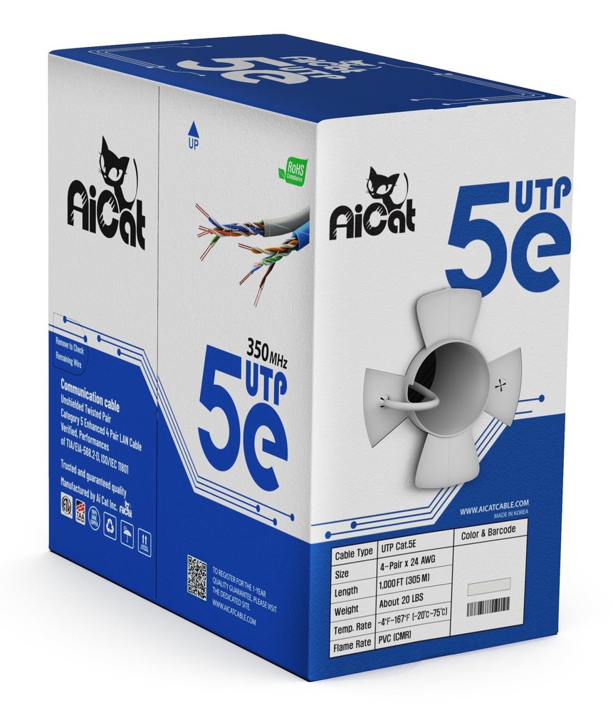 AiCat Cat 5e Ethernet Cable 1000ft Riser CMR - Insulated Solid Bare Copper Wi...