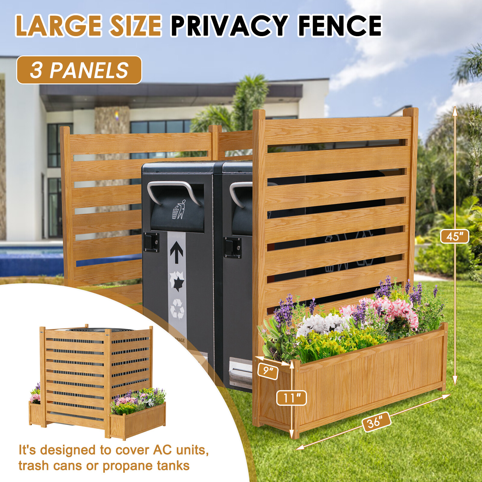 NAIZEA 3 Panels 36"Wx45"H Air Conditioner Fence Privacy Screen with Planter Box