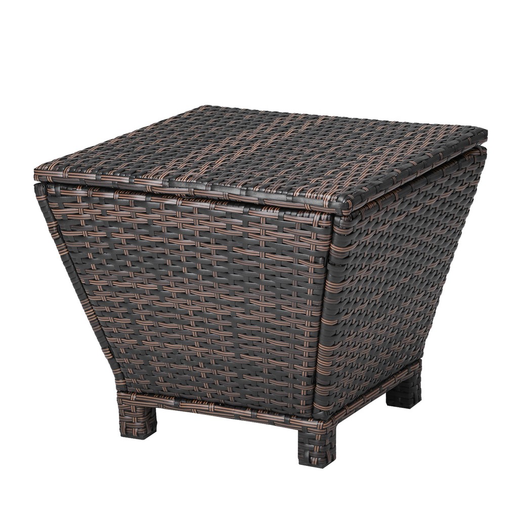 Outdoor PE Wicker Side Table with Storage, Small Patio Storage Bin Container