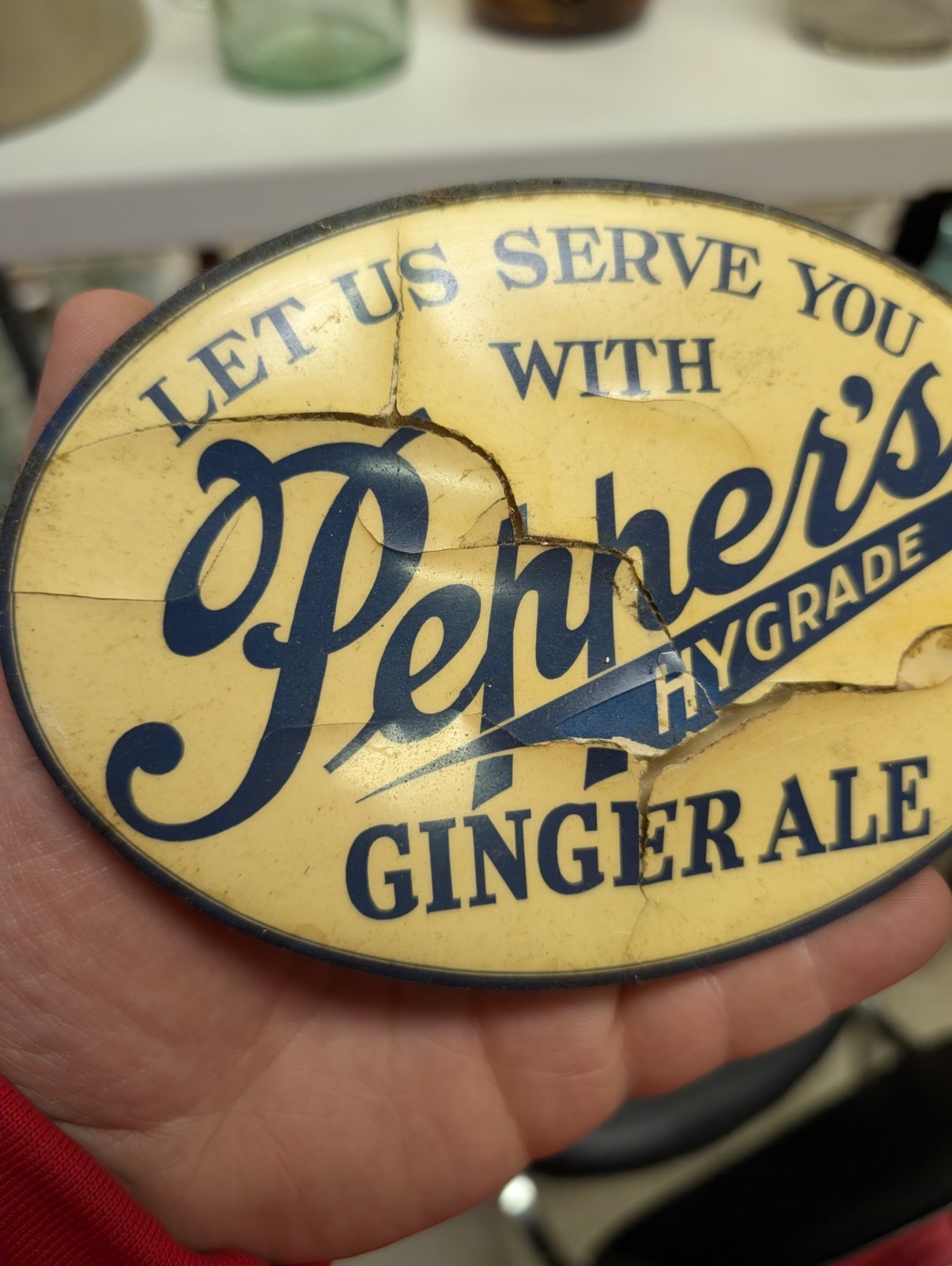 Pepper's Hygrade Ginger Ale Celluloid Advertising Sign Ashland Pa Crystaline