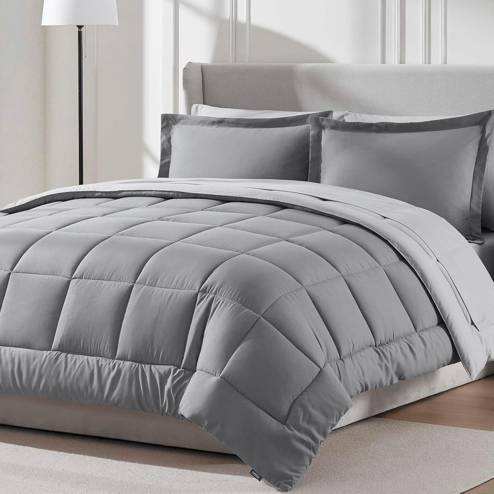 9 Piece Queen Comforter Set – Grey Reversible Bed in a Bag – Complete Queen Size