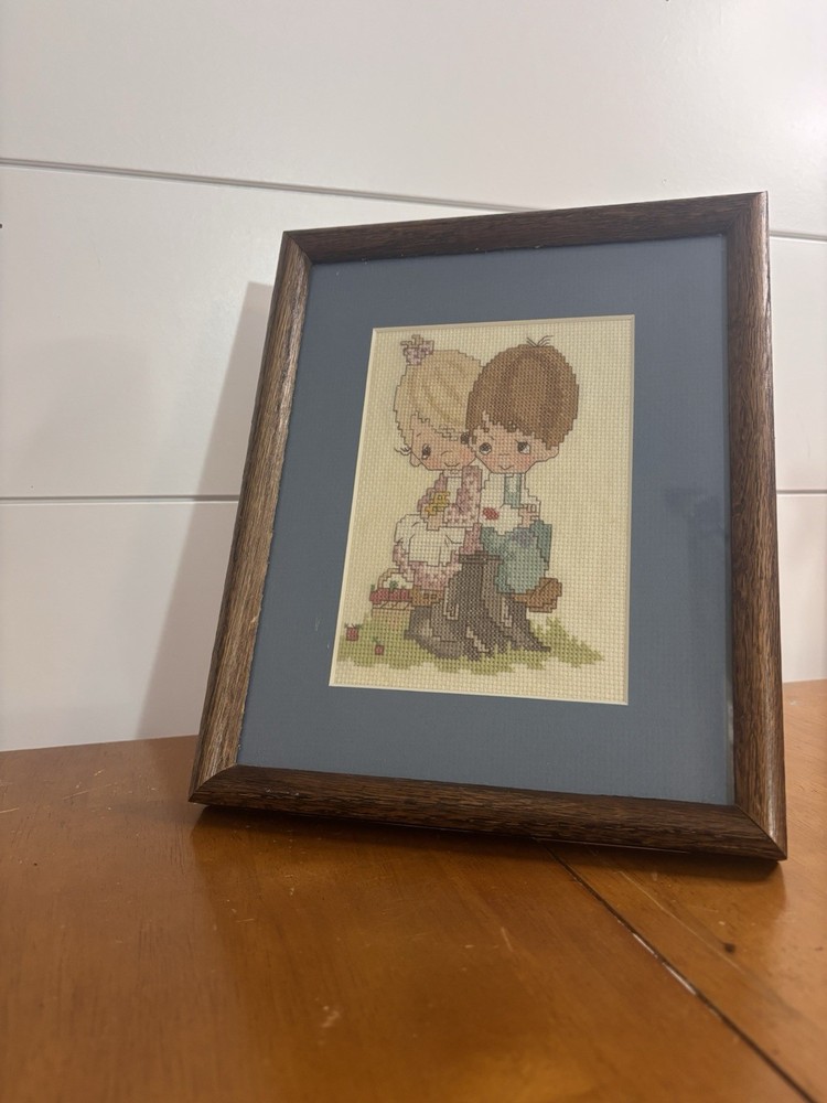 VTG Precious Moments Framed Needlepoint Embroidery