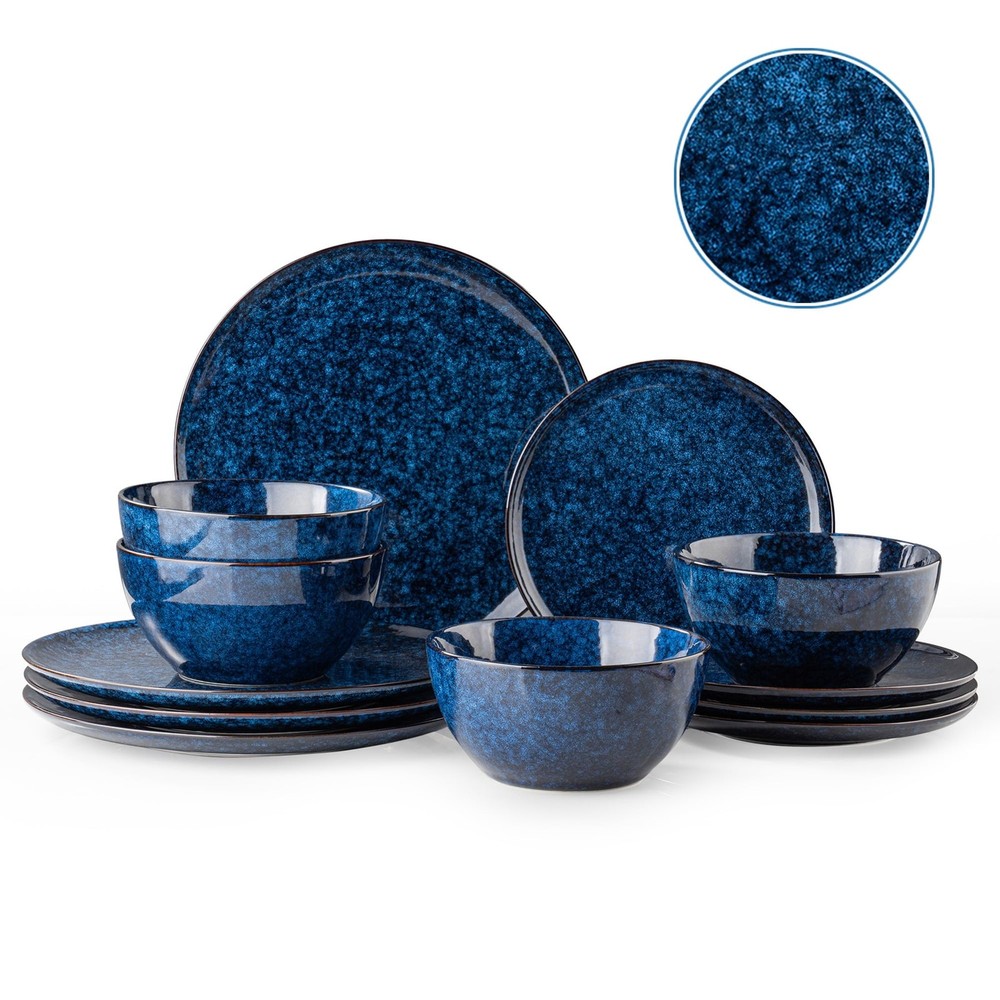 Dafuceramic Plates and Bowls Sets, 12 Pieces Dark Blue Large,