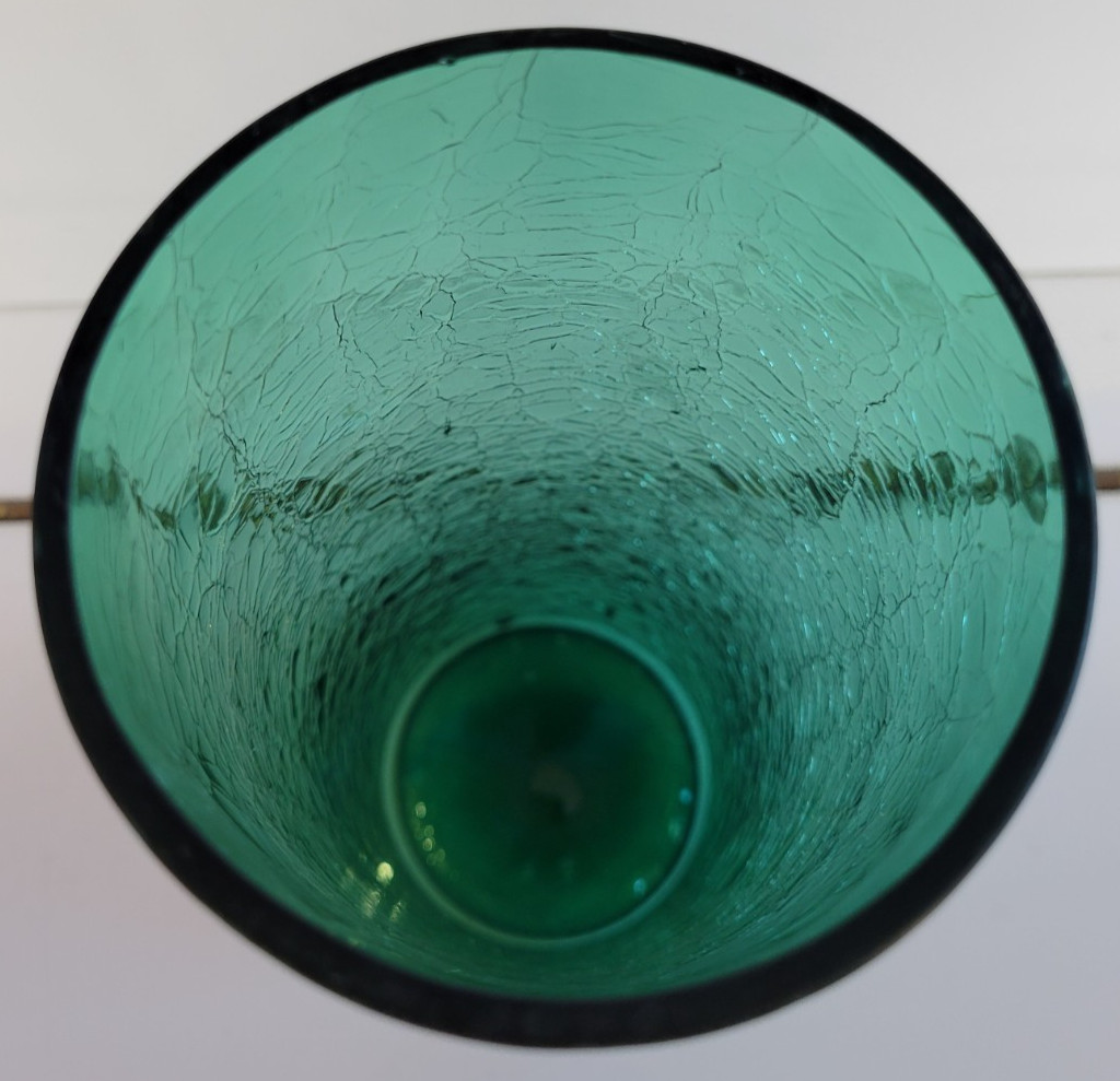 DEEP EMERALD GREEN CRACKLE GLASS CYLINDER VASE 9.75 INCHES DIAMETER 3.25 INCHES