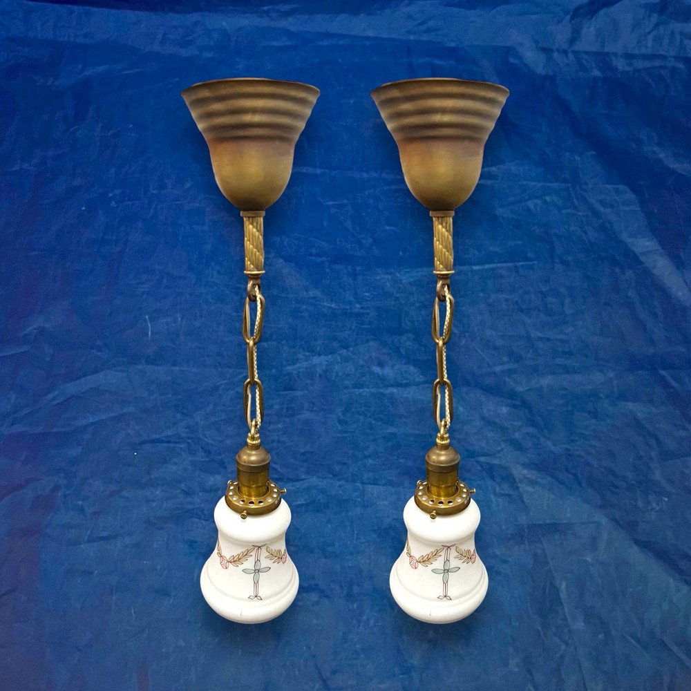 Pair Pendant Lights White Shades Rewired 13H