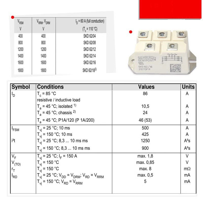 SEMIKRON SKD62/16 Rectifier Bridge Module