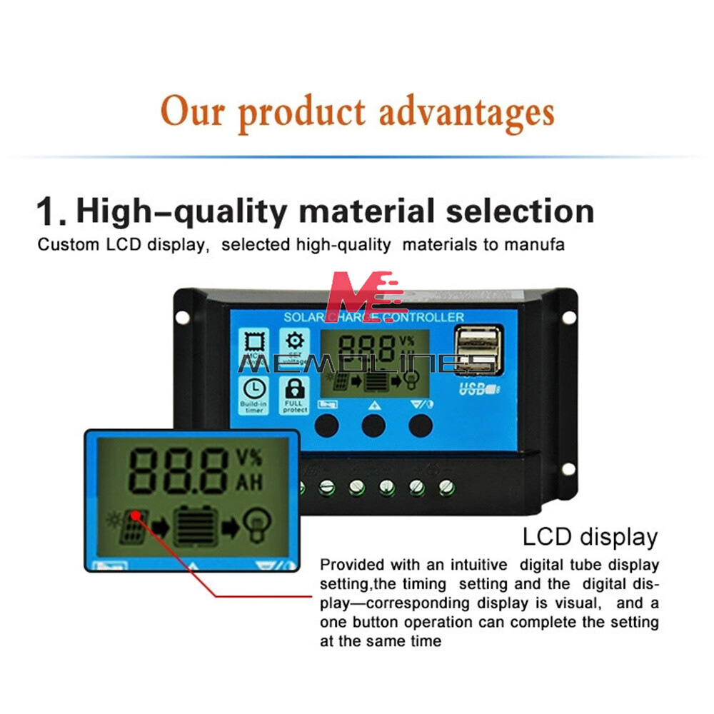 30A Solar Panel Battery Charge Controller 12V/24V LCD Regulator Auto Dual USB