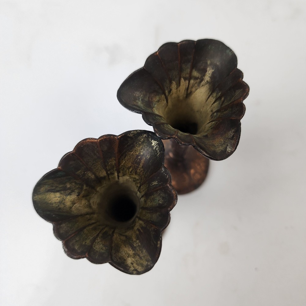 Pair 2 Fluted Copper Plated Metal 4" Bud Vases Dutch & Floral Embossed Theme