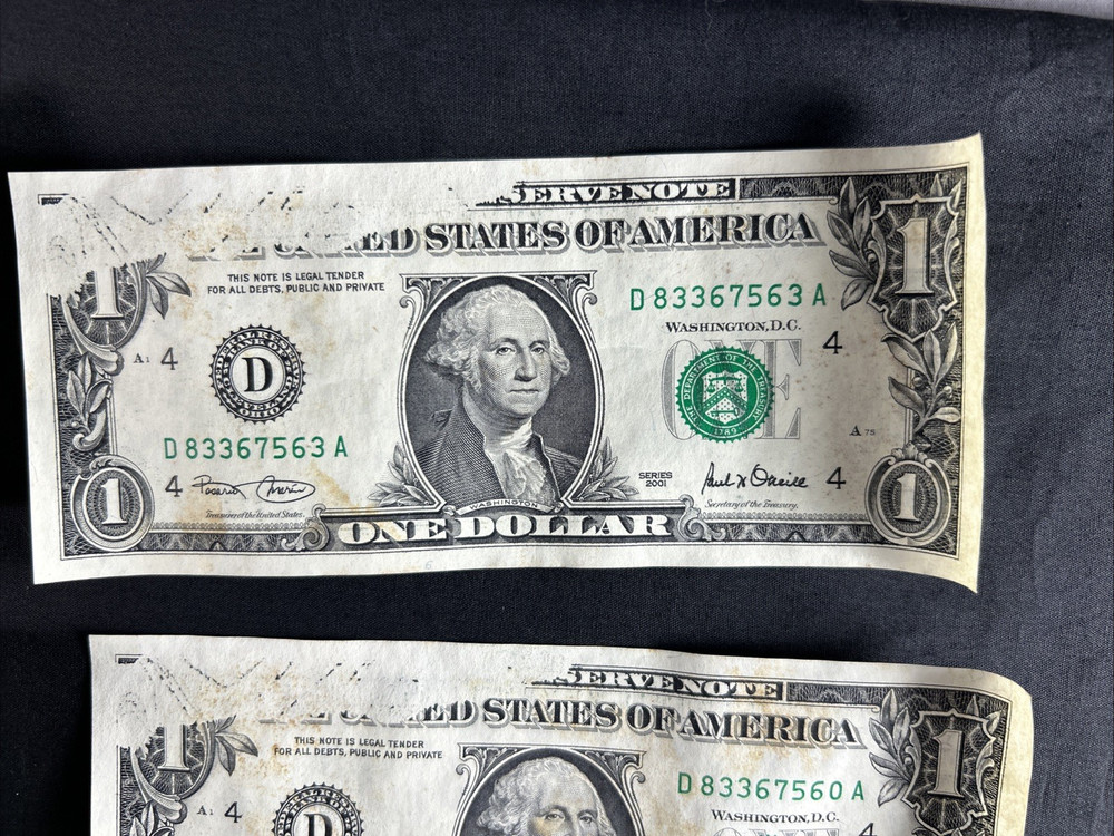 10 US ONE DOLLAR FEDERAL RESERVE NOTES SERIES 2001 INK MISSING PRINTING ERROR