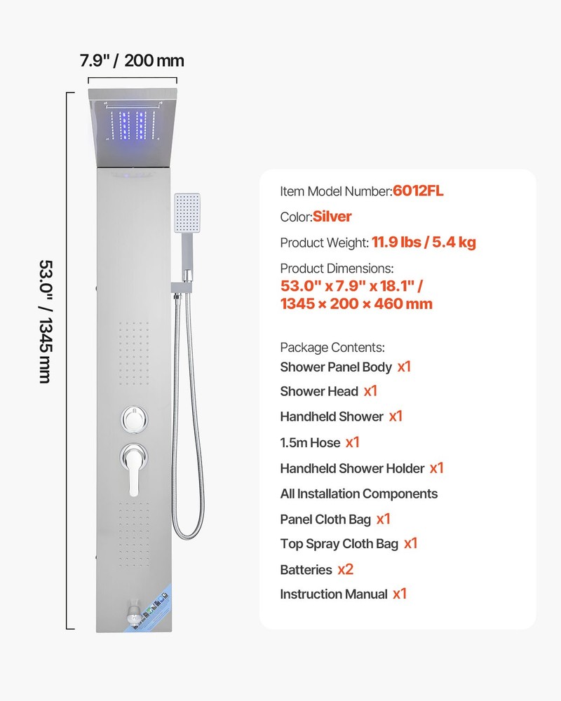 VEVOR Shower Panel Tower System Stainless Steel Column Rainfall Waterfall Head