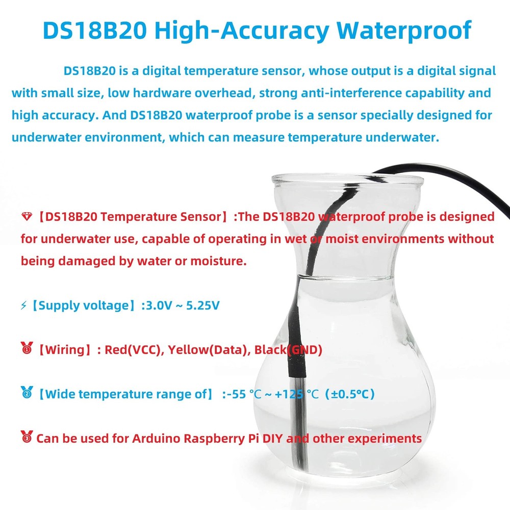 DS18B20 Temperature Sensor High-Accuracy Waterproof for Arduino Raspberry Pi ...