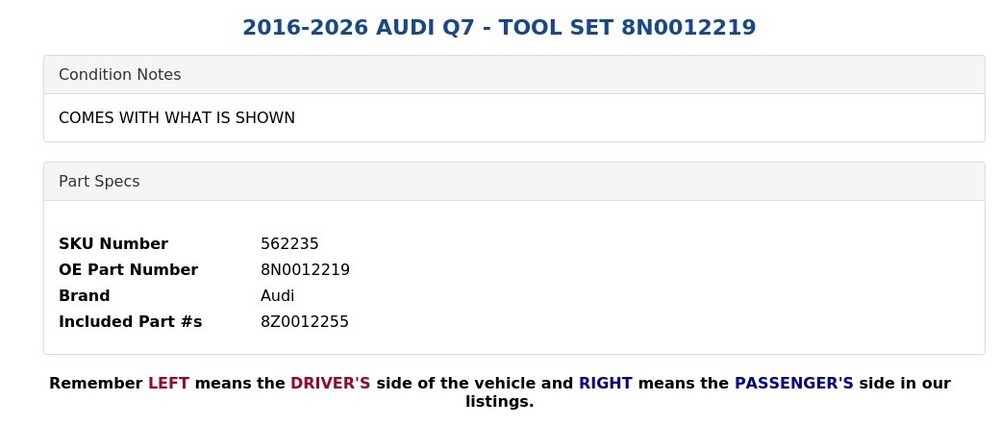 2016-2026 AUDI Q7 - TOOL SET 8N0012219