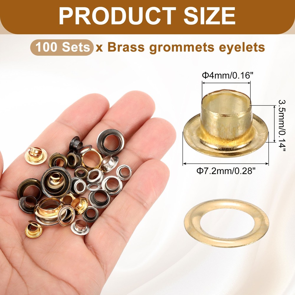 100 Sets Grommets Eyelets, 4mm Brass Self Backing Eyelets, Gold Tone