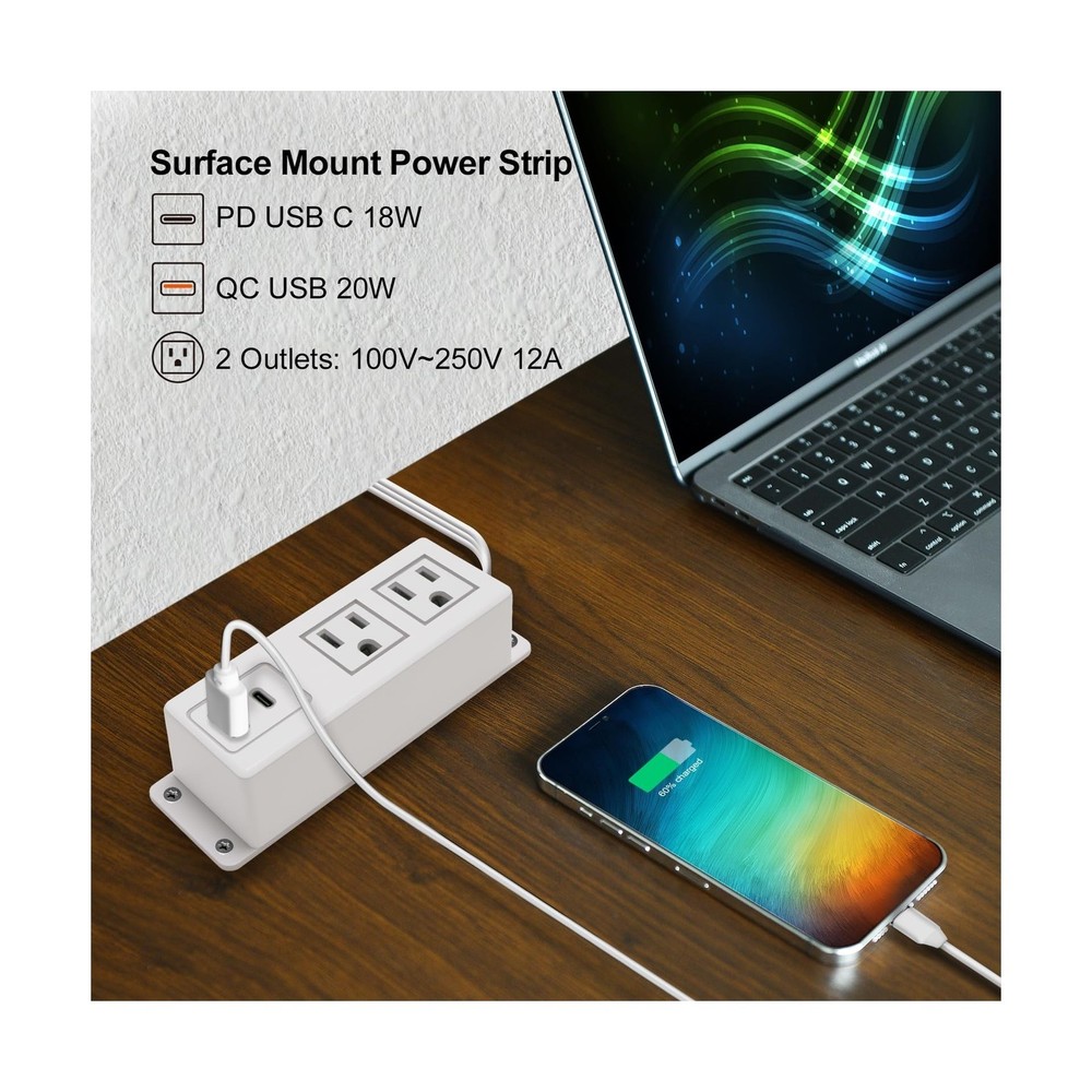 Multiple Plug Outlet with USB C 20W Wall Mounted Power Strip Under ... Fast Ship