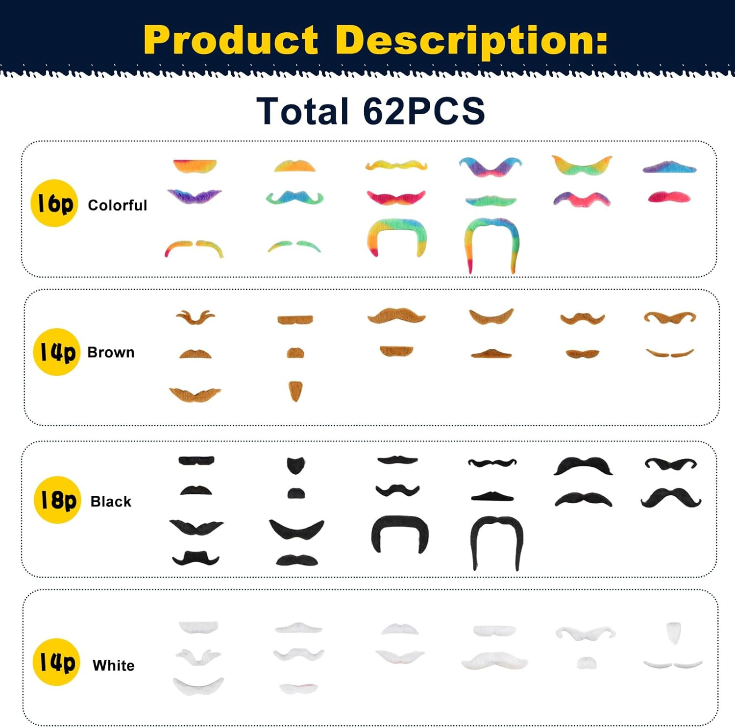 62PCS Self-Adhesive Fake Mustaches for Parties, Halloween & Role-Playing