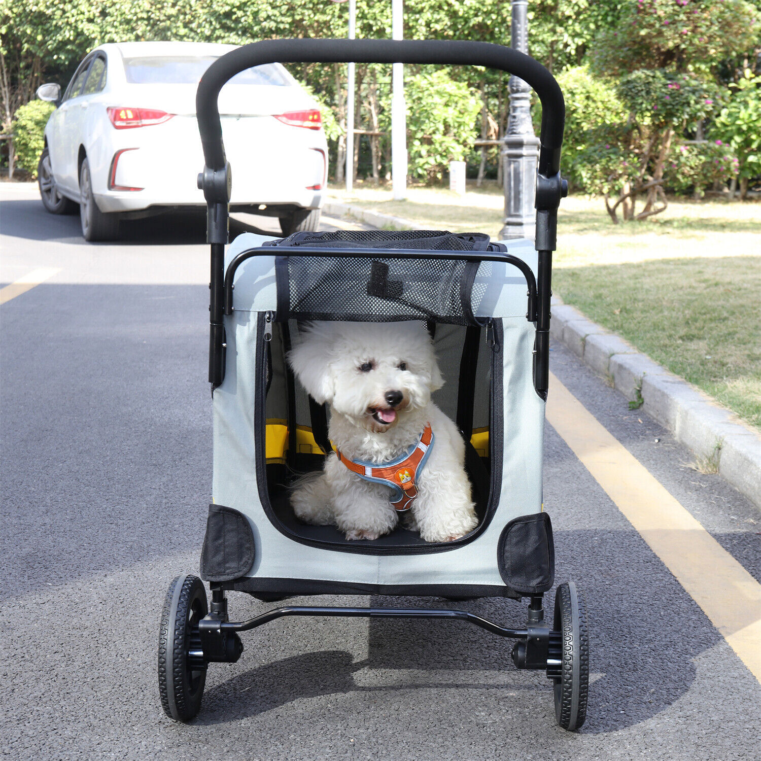 4-Size Foldable Dog Stroller Pet Jogger Wagon Cart w/Shock Absorber&Safety Leash