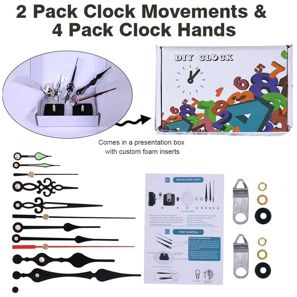 2 Pack Non Ticking Clock Mechanism with 4 Pack Clock Hands, Clock Movement Mo...