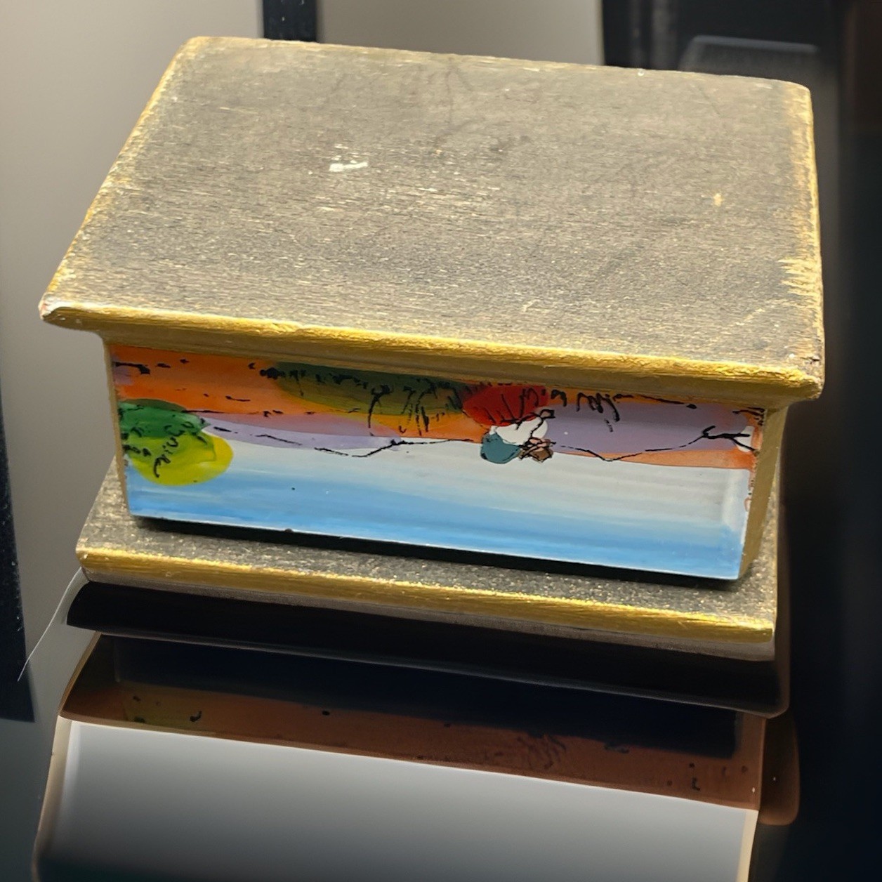 Peru Folk ART Peruvian Village Reverse Glass Painting Wooden Mini Trinket Box