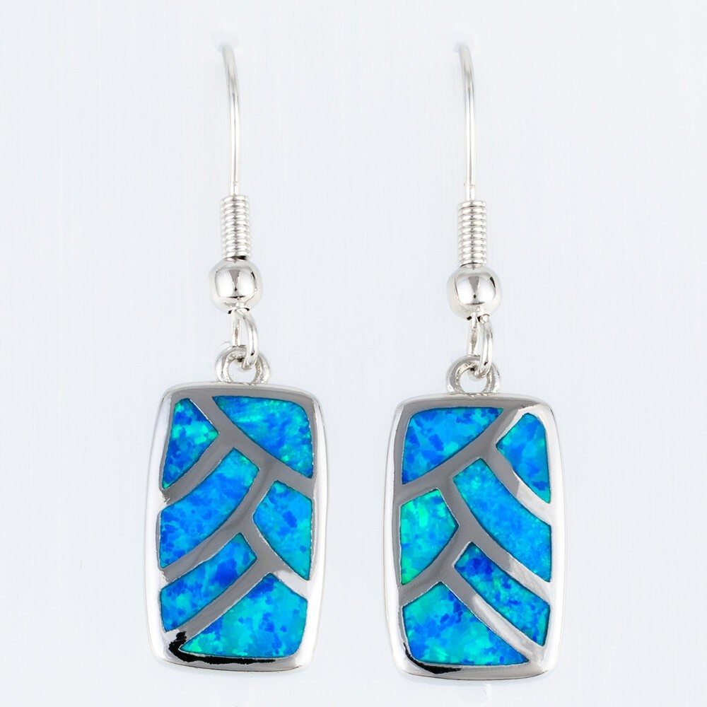 Rectangle Shape Ocean Blue Fire Opal Silver Jewelry Dangle Drop Earrings