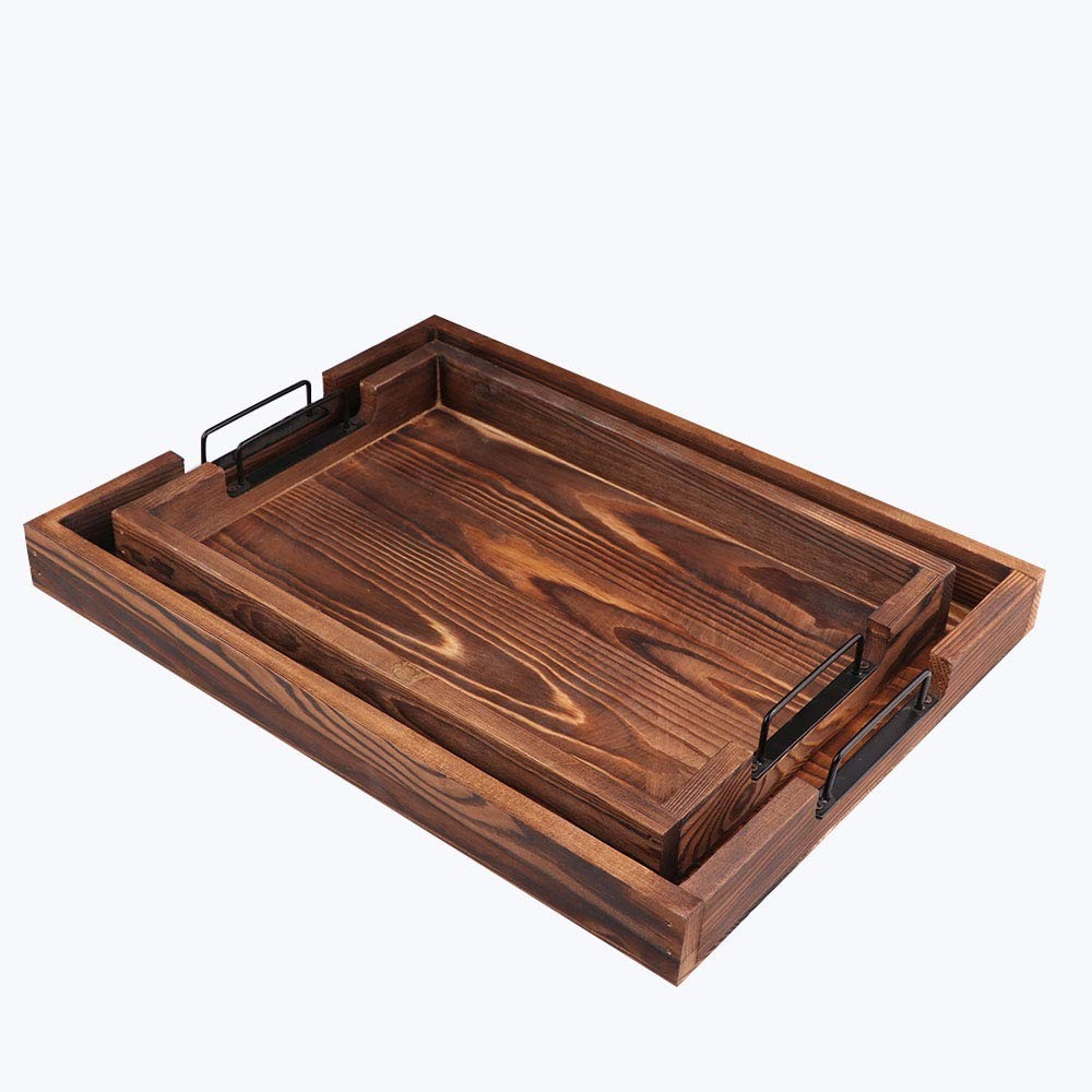 Serving Trays Selena Wood Brown Rustic Rectangular Handles Decorative Set 2 Home