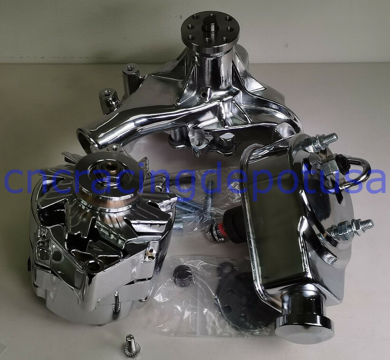 CHEVY SBC 350 MID MOUNT ALUM FRONT ACC DRESS UP COMPLETE KIT FOR LONG WATER PUMP