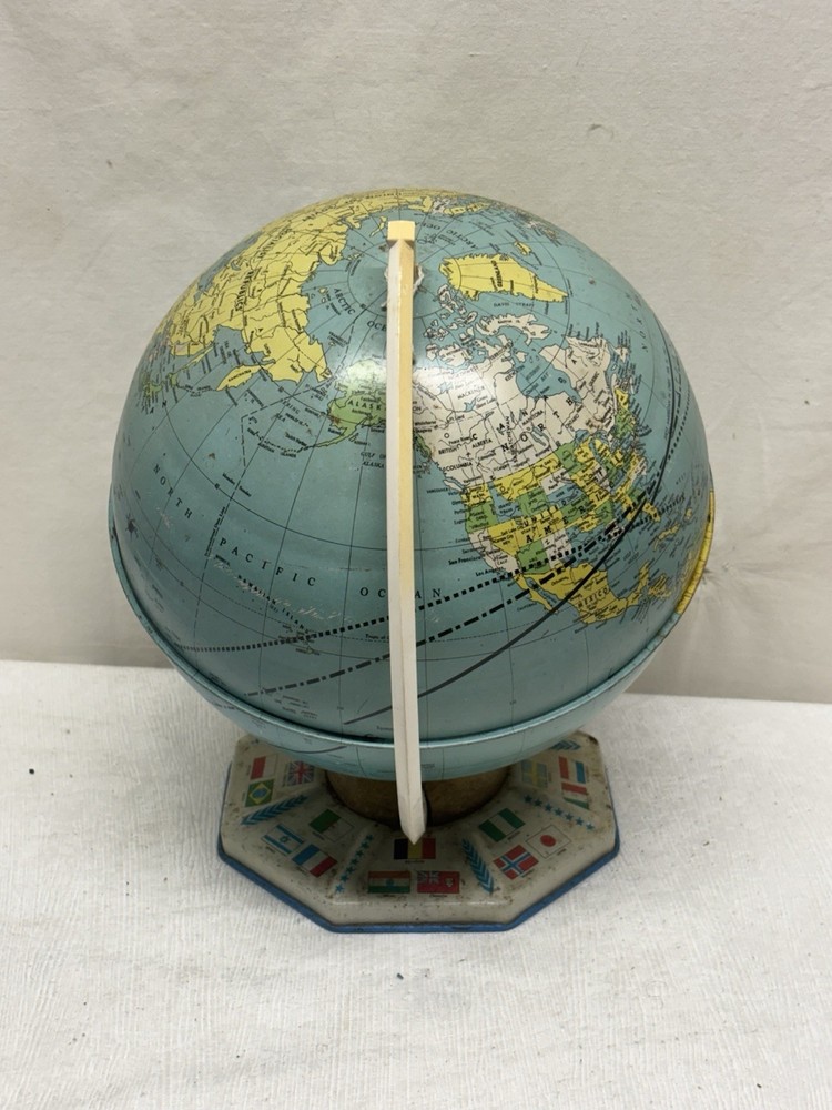 Vintage 9” Tin J Chein & Co Space Flight Countries Flags