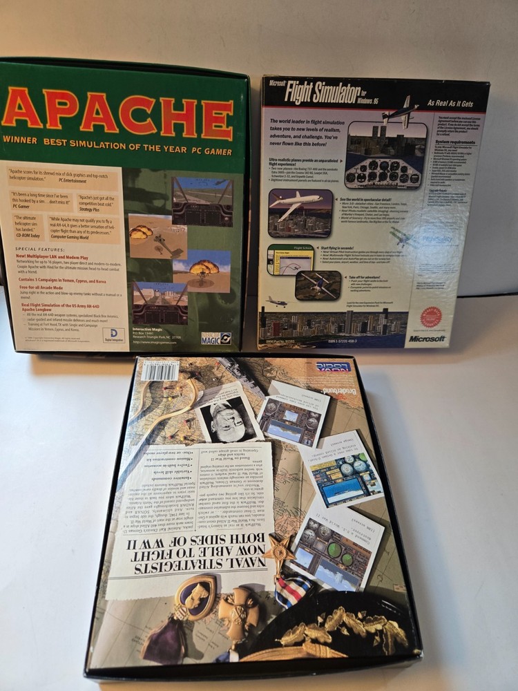 Lot of 3 Vintage PC Computer Big Box Game Wolf Pack, Apache, Flight Simulator