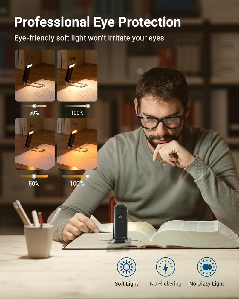 Booklight with Clip USB Rechargeable Adjustable Brightness for Night Reading