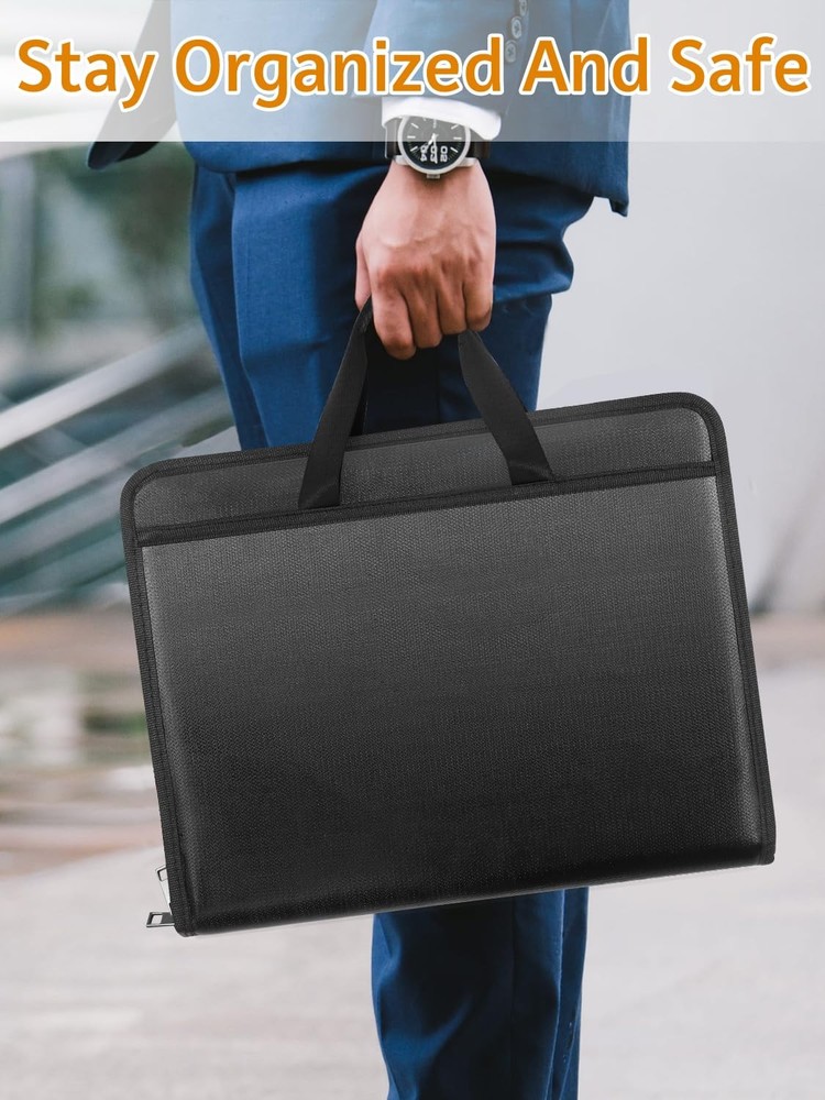 Important Document Organizer with Handle, Fireproof Accordion File Black Storage