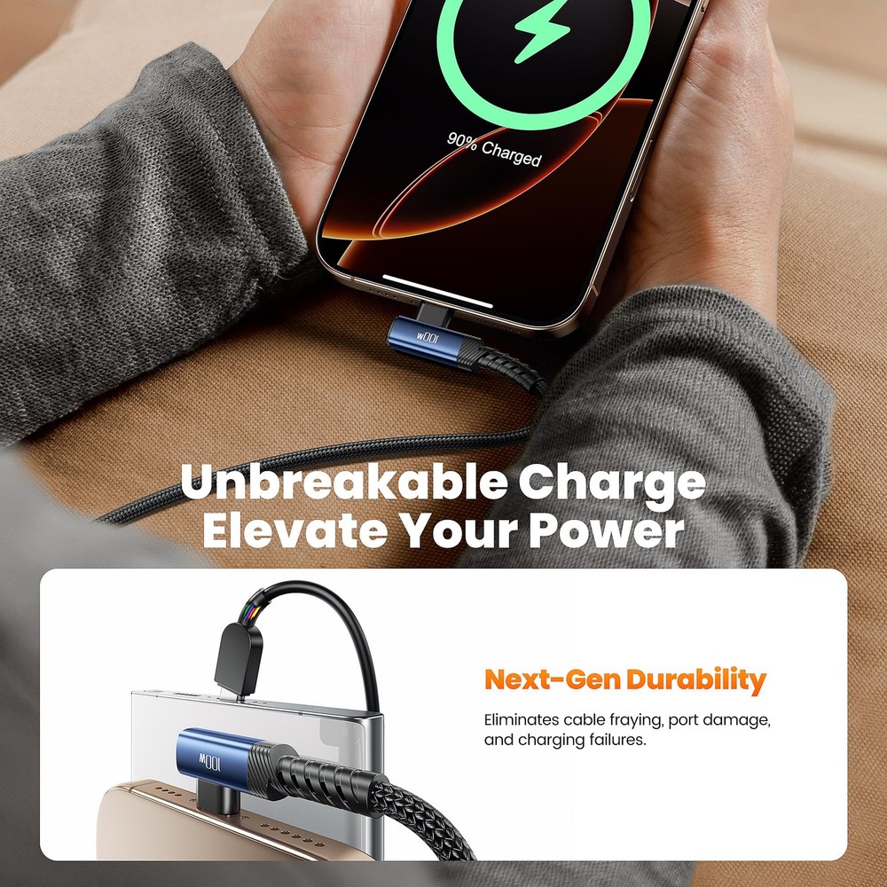 toocki USB C Cable [2Pack, 10ft] 100W Right Angle Fast Charging 10+10FT, Blue