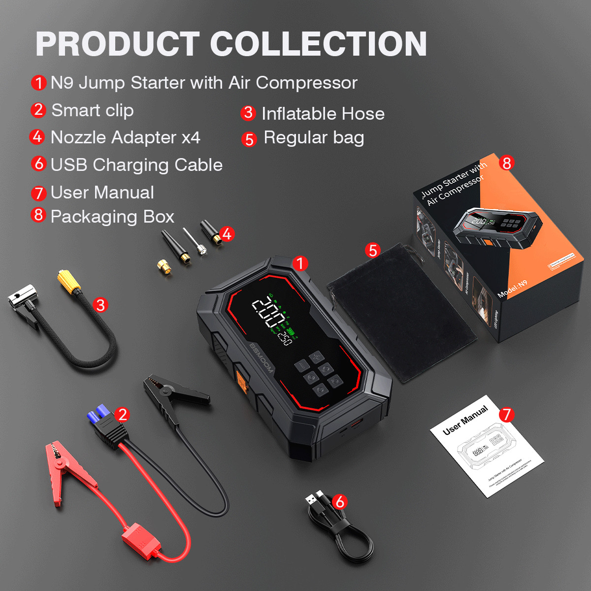 BSMOOM 8000A 12V Car Jump Starter Power Bank With Air Compressor Battery Booster