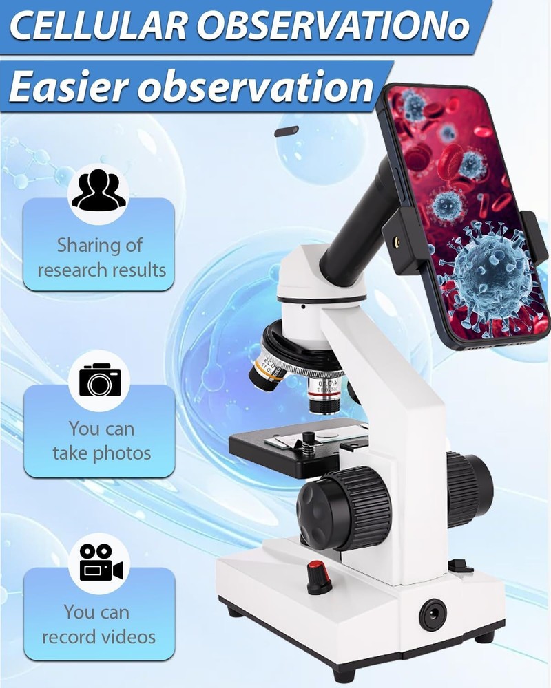 Compound Microscope, 2000x Magnification, with Smartphone Adapter, Slide Set, Du