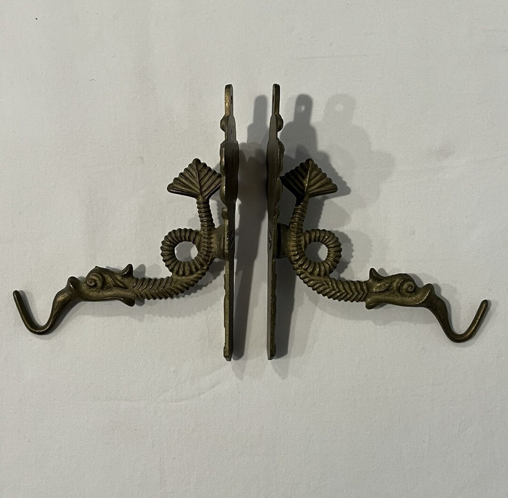 Vintage Brass Unique 2 Hanger Hooks with Curled Arrow Tail Dragon Fish
