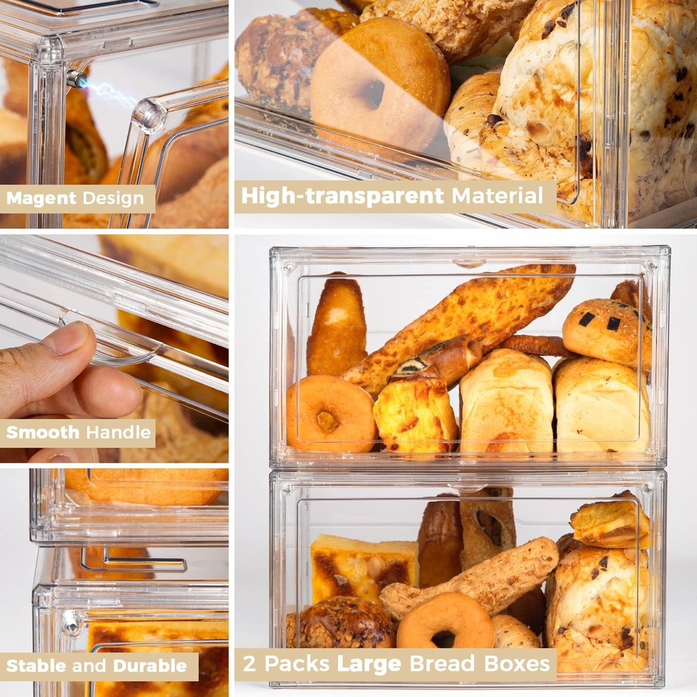 2pcs Large Bread Box Kitchen Countertop upgraded - Large Capacity Transparent...