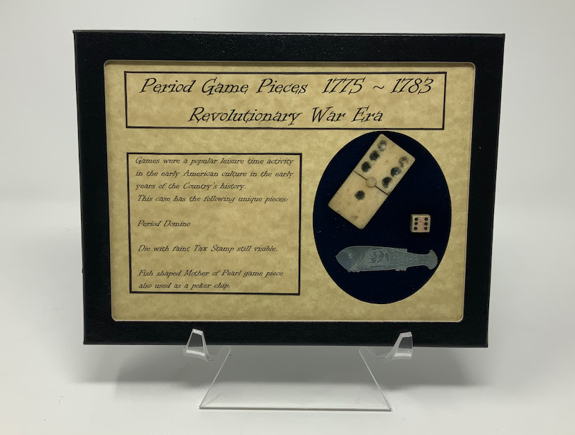 Revolutionary War Era Game Pieces Domino, Stamp Act Dice, & Poker Chip with Case